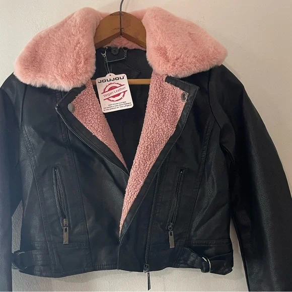 Jou Jou faux leather Black biker Jacket with Pink Fur Trim